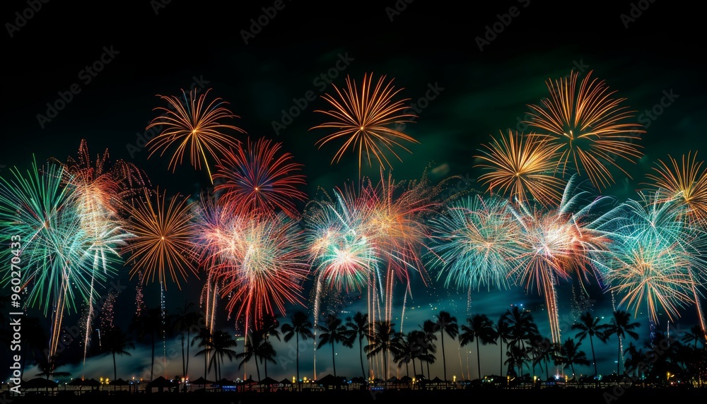 Obraz premium Vibrant New Year's Eve Spectacular: Mesmerizing Colored Fireworks Illuminate the Night Sky