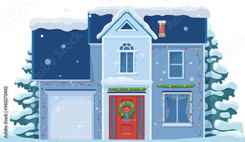 Cartoon Christmas winter house facade exterior. Snowy home building. Isolated vector cottage with snow-covered roof, festive wreath, glowing lights, exuding holiday charm cozy countryside and warmth