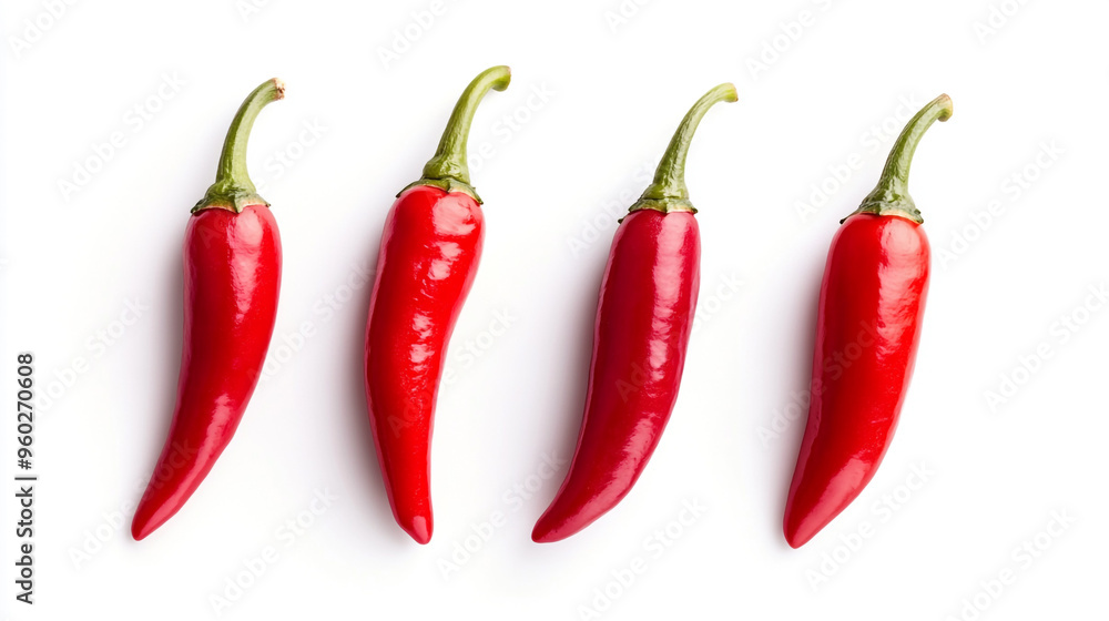 Bright red chili peppers arranged in a line against a clean white background during daylight in a kitchen setting Bright red chili peppers arranged in a line against a clean white background during daylight in a kitchen setting