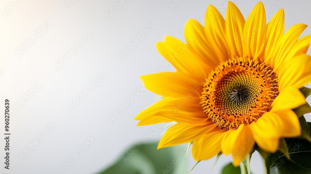 Fototapeta premium A close-up of a sunflower in bright sunlight, petals glowing against a stark white background, showcasing the intricate patterns of the center, Hyper-Realistic, Macro Photography.