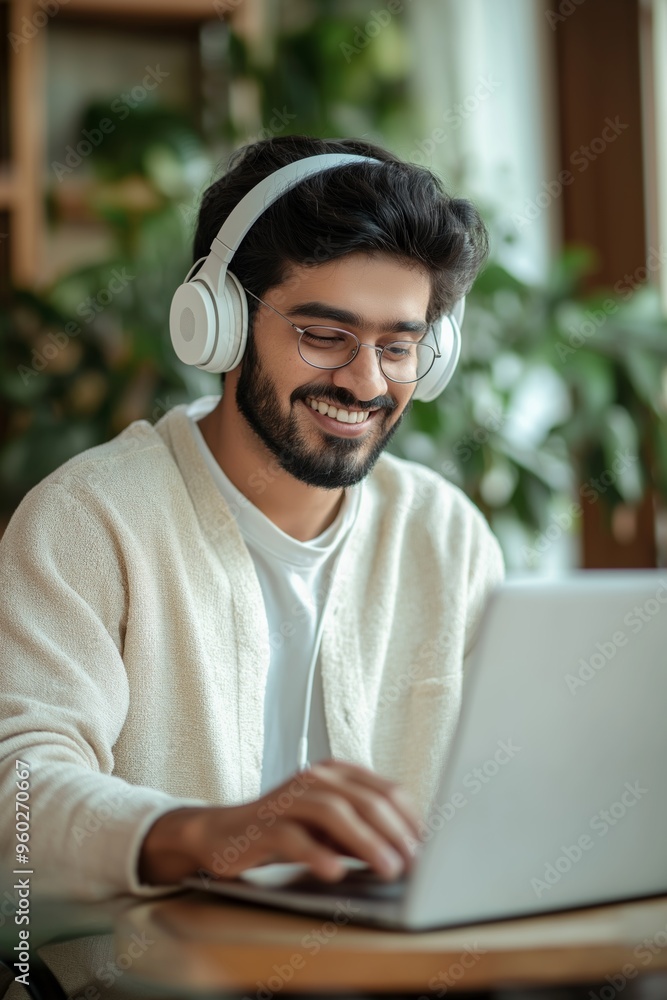 A man wearing headphones and glasses is smiling while using a laptop. He is likely enjoying some music or a video on the laptop A man wearing headphones and glasses is smiling while using a laptop. He is likely enjoying some music or a video on the laptop