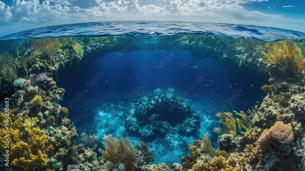 The Great Blue Hole coral formations teeming with fish, against the backdrop of deep blue water. The Great Blue Hole coral formations teeming with fish, against the backdrop of deep blue water.