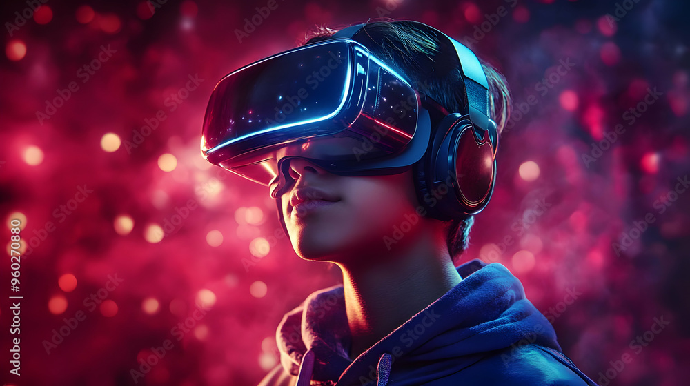 A young person wearing a VR headset, immersed in virtual reality. A young person wearing a VR headset, immersed in virtual reality.
