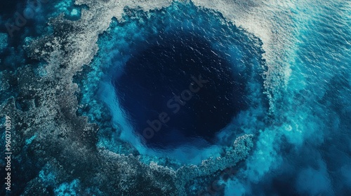 The Great Blue Hole deep blue center surrounded by a ring of lighter, shallow waters, seen from above. photo