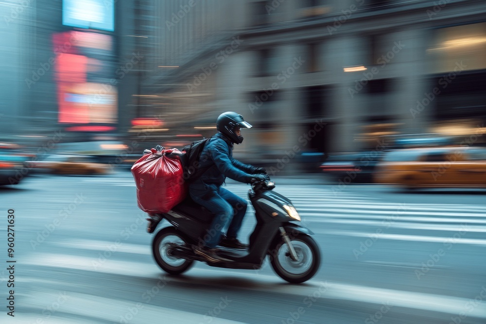 A Delivery Rider on a Motorbike Zooming Through a Blurred Cityscape A Delivery Rider on a Motorbike Zooming Through a Blurred Cityscape