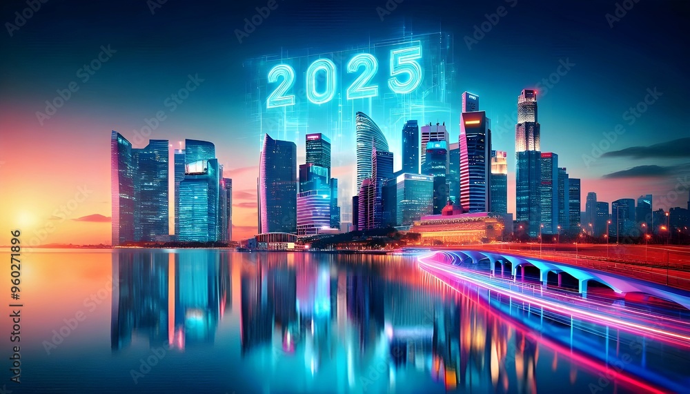 Fototapeta premium 2025 written in the sky by drones futuristic city at night dazzling fireworks and reflections on skyscrapers 