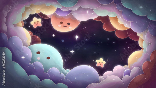 A dreamy space landscape with pastel colors, smiling stars, a distant galaxy, and childlike planets creates a magical, comforting scene with friendly characters.