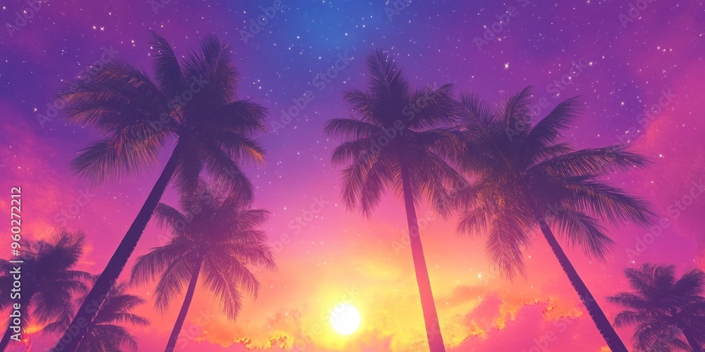 Silhouettes of palm trees against a vibrant sunset sky with a scattering of stars. Silhouettes of palm trees against a vibrant sunset sky with a scattering of stars.