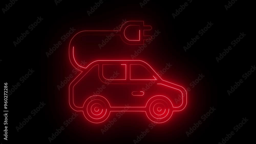 charging car Neon icon red color glowing animated video on a black background