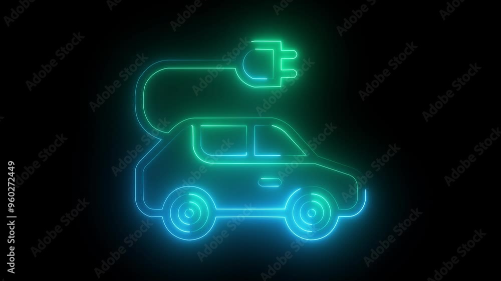 charging car Neon icon blue and green color glowing animated video on a black background charging car Neon icon blue and green color glowing animated video on a black background