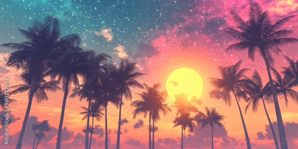 A tropical sunset with palm trees and a vibrant sky. A tropical sunset with palm trees and a vibrant sky.