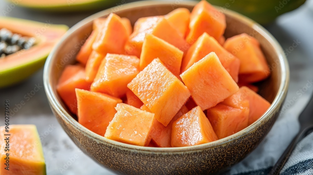 Close-up of Diced Papaya in Bowl Close-up of Diced Papaya in Bowl
