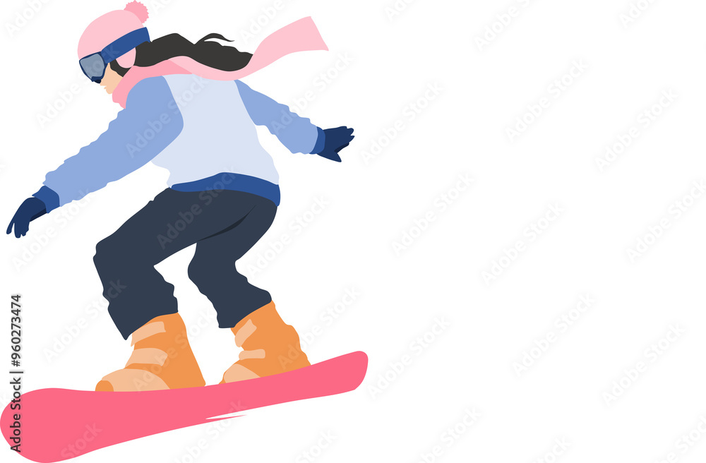 Obraz premium 冬の雪山でスノボーする女性のイラスト