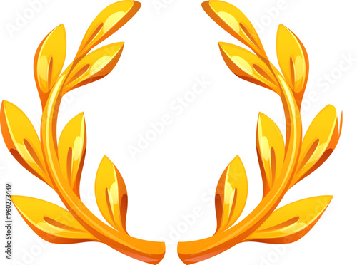Cartoon golden laurel wreath award. Isolated vector gleaming gold laurel branches with leaves, shine brightly and radiating soft glow. Symbol of victory, winner or champion trophy, reward, game asset