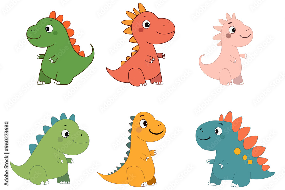 Naklejka premium set of cute dinosaurs dragon illustration baby dino tyrannosaurus nature comic character