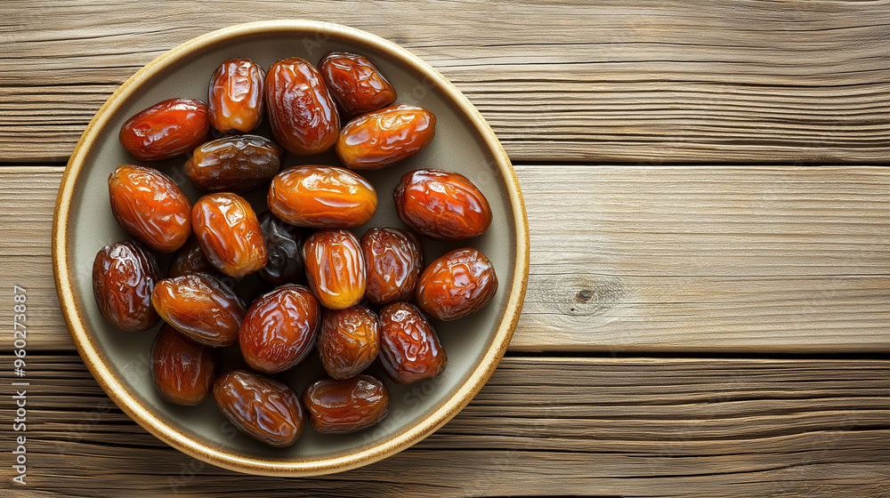 Obraz premium Dates in plate with copy space on wooden surface, top view 3D illustration.
