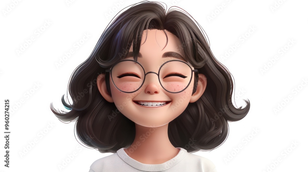 Fototapeta premium A smiling cartoon girl with brown hair wearing round glasses.