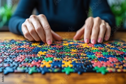 A tranquil scene of a person doing puzzles or brain teasers at a desk with a calming environment