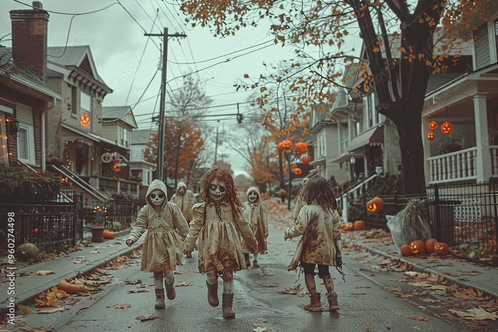 Fototapeta premium Playful zombie kids trick-or-treating in a neighborhood with Halloween decorations