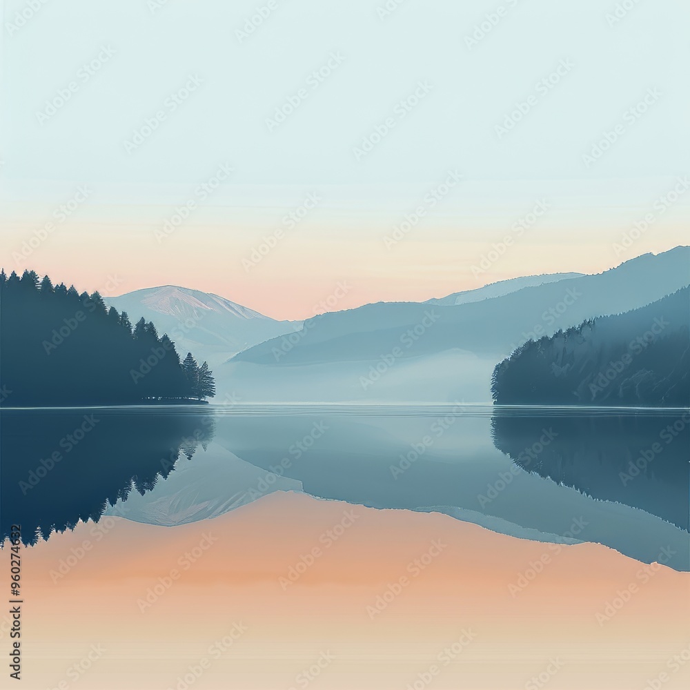Fototapeta premium A minimalist illustration of a serene lake shrouded in rolling mist. 