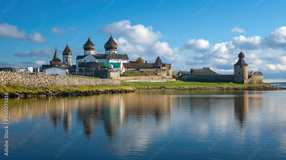 Fototapeta premium The majestic Solovetsky Monastery on the White Sea, surrounded by water and history.