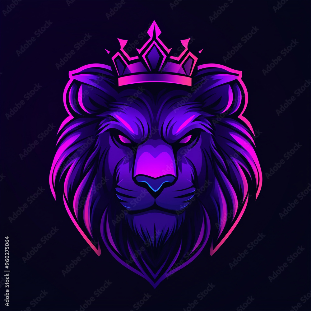A logo illustration of an evil purple lion's head with a crown on a dark background. A logo illustration of an evil purple lion's head with a crown on a dark background.