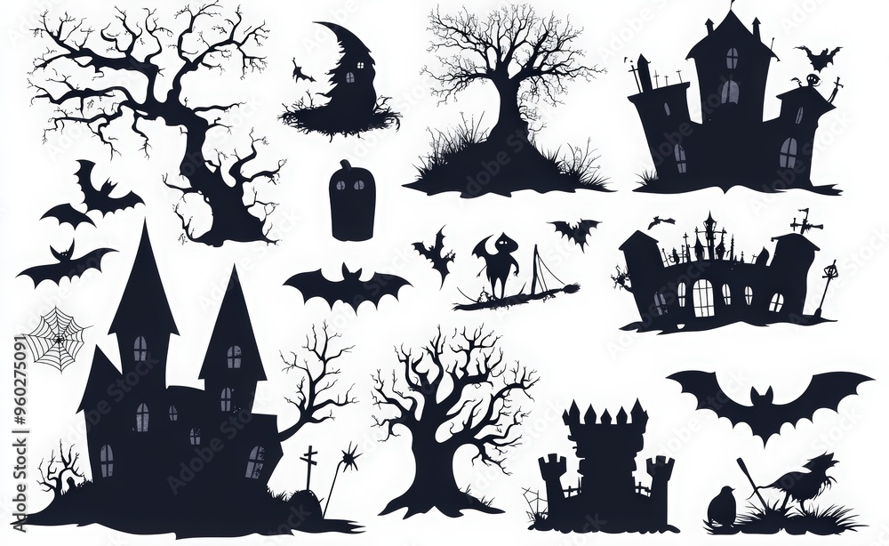 black Halloween silhouette icons, spooky haunted house and tree on a white background with various elements such as a cat, witch, broom, stone castle, and pumpkins black Halloween silhouette icons, spooky haunted house and tree on a white background with various elements such as a cat, witch, broom, stone castle, and pumpkins