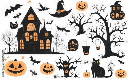 black Halloween silhouette icons, spooky haunted house and tree on a white background with various elements such as a cat, witch, broom, stone castle, and pumpkins