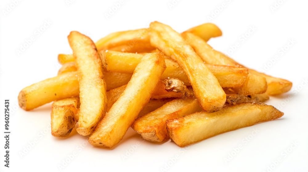 Crispy golden French fries displayed on a white background ready to be enjoyed with a dipping sauce Crispy golden French fries displayed on a white background ready to be enjoyed with a dipping sauce