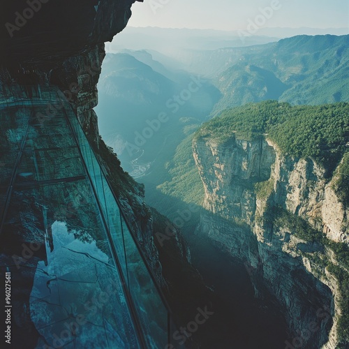 The narrow glass skywalk on Tianmen Mountain in Zhangjiajie, offering a thrilling perspective of the landscape far below. photo