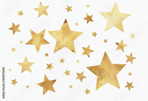 Illustration of watercolor gold stars on white background, star pattern