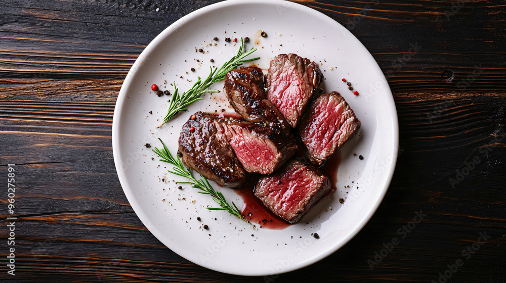 Savory grilled beef steak with peppercorn and rosemary seasoning, served on a white plate atop a rustic wooden table Savory grilled beef steak with peppercorn and rosemary seasoning, served on a white plate atop a rustic wooden table