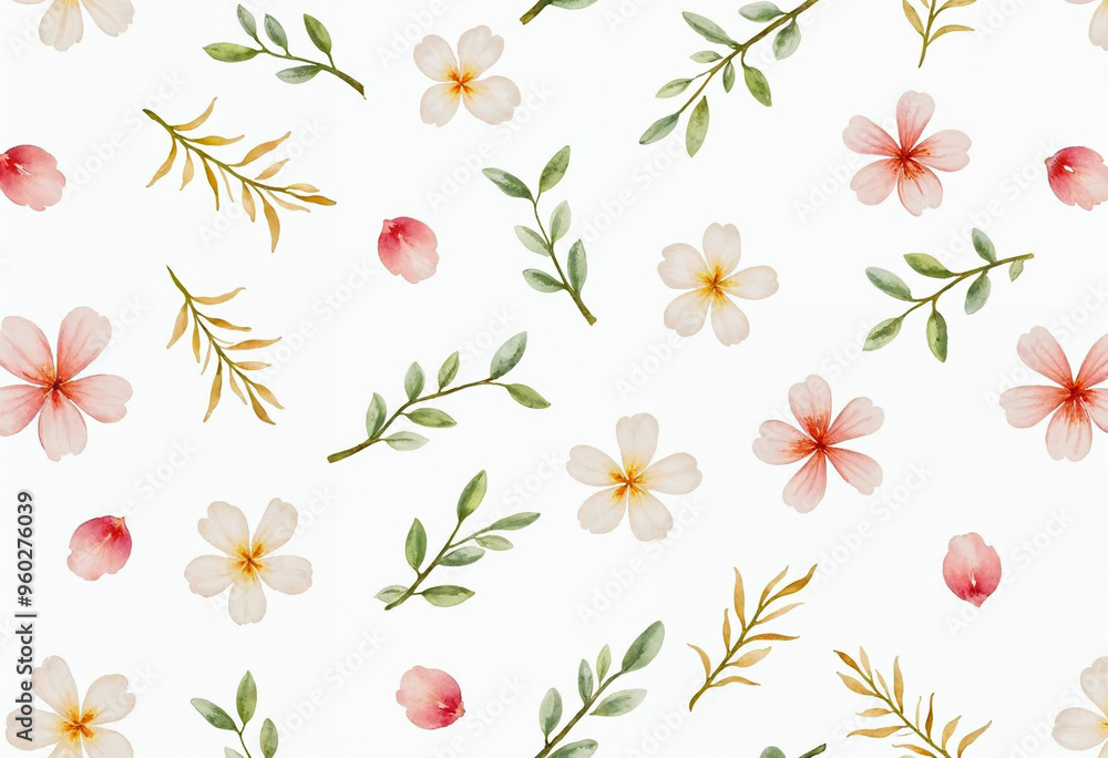 Watercolor flowers and leaves seamless pattern on white background, floral pattern Watercolor flowers and leaves seamless pattern on white background, floral pattern