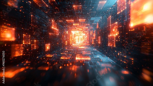 Dynamic digital tunnel with glowing orange and blue particles flowing through a futuristic data environment at night