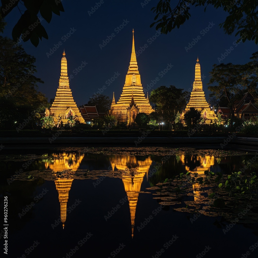 Obraz premium The night view of Wat Pho, with its golden spires illuminated and reflecting in the still waters of the surrounding ponds.