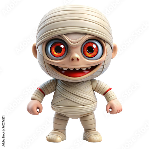 mummy mascot cute, Red big eye , big fang ,chibi , full color body suite , 3d model , realistic , white background , look at 180 degree , Platinum skin