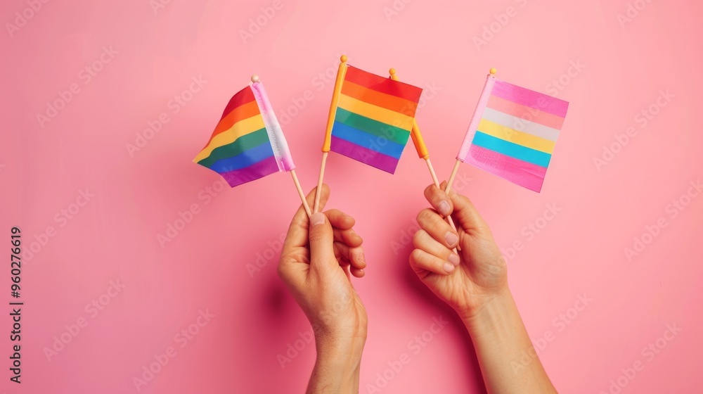 Fototapeta premium Image shows hands holding rainbow and trans flags on pink background, creating warm, inviting ambiance with peaceful, positive vibe.