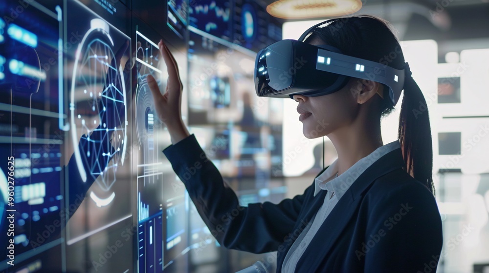 Businesswoman in VR Headset Interacting with Holographic Interface Businesswoman in VR Headset Interacting with Holographic Interface