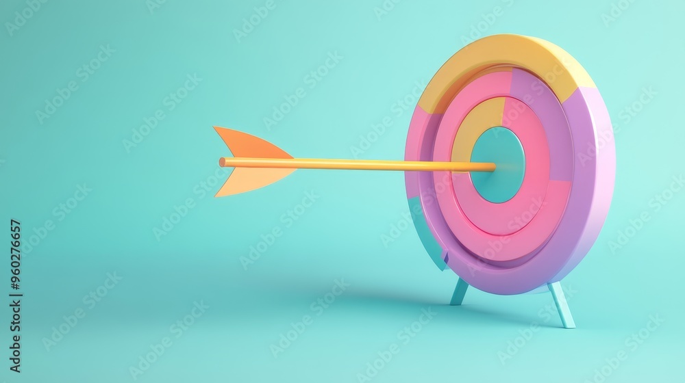 Colorful target with an arrow hitting the center, symbolizing achievement and goal-setting in a playful, creative design. Colorful target with an arrow hitting the center, symbolizing achievement and goal-setting in a playful, creative design.