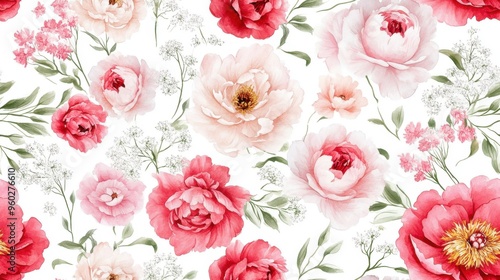 Beautifully scattered peonies and Queen Anne's lace in seamless watercolor wallpaper