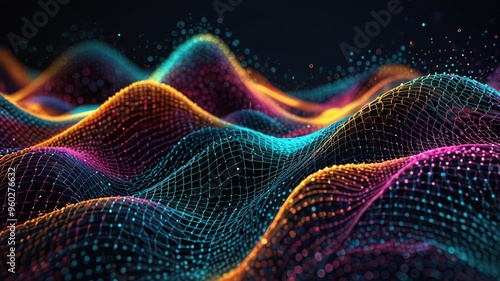 Abstract technology stream background. Digital dynamic wave of dots. Network connection structure. 3D rendering.