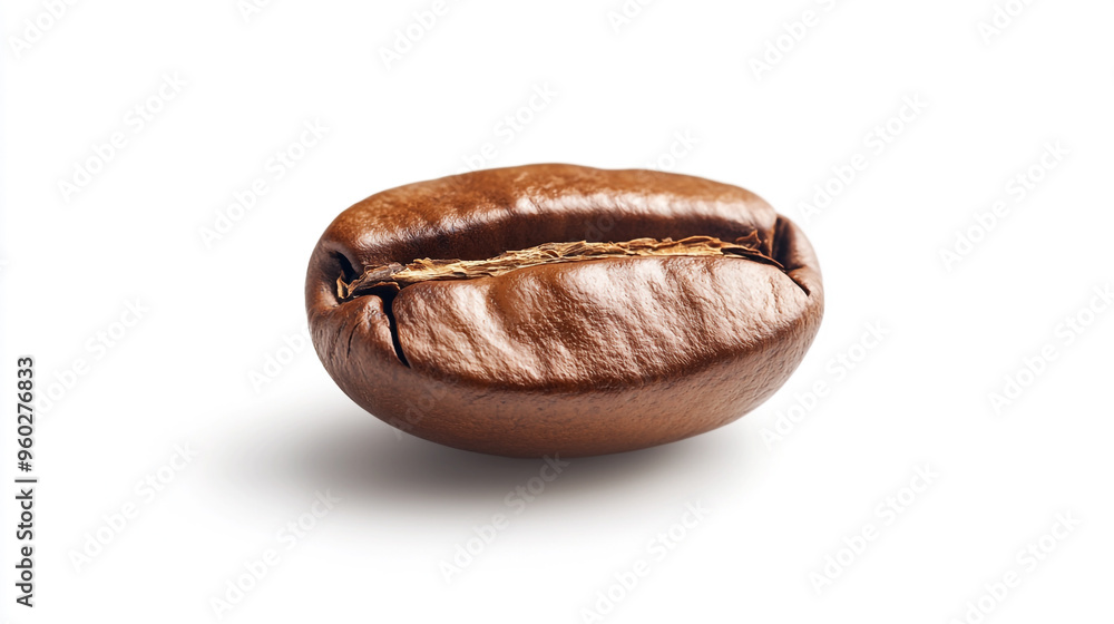 A single roasted coffee bean with a rich, glossy surface illuminated against a white backdrop, showcasing its unique texture and shape A single roasted coffee bean with a rich, glossy surface illuminated against a white backdrop, showcasing its unique texture and shape