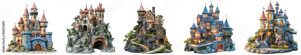 Five miniature fantasy castles built on rocky cliffs detailed architecture transparent background Five miniature fantasy castles built on rocky cliffs detailed architecture transparent background