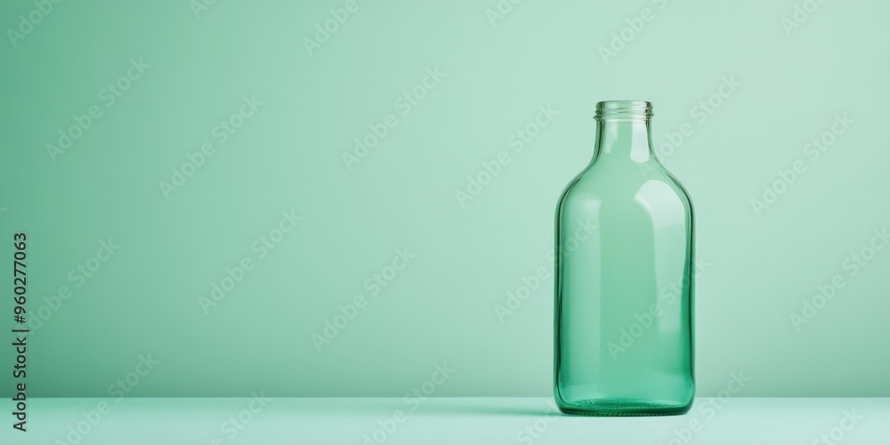 A minimalist image of a green glass bottle against a soft mint background, ideal for packaging or design projects. A minimalist image of a green glass bottle against a soft mint background, ideal for packaging or design projects.