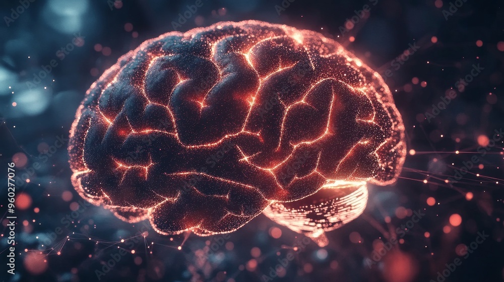 Fototapeta premium Illuminated brain illustration showcasing neural connections and abstract patterns, representing intelligence and cognitive processes.
