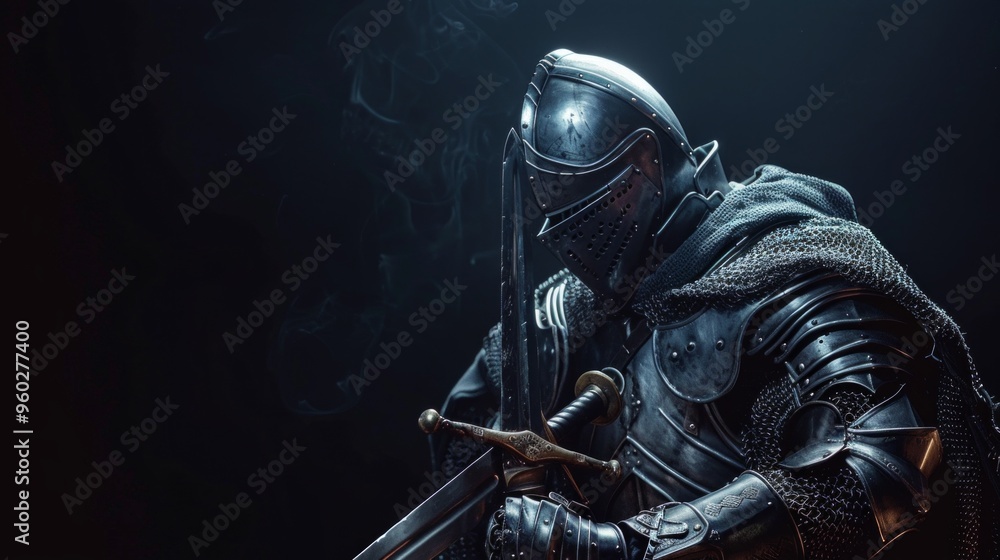 Fototapeta premium A knight in silver armor with a sword and dramatic pose against a dark backdrop. No cigarette as described. Anachronistic details noted.