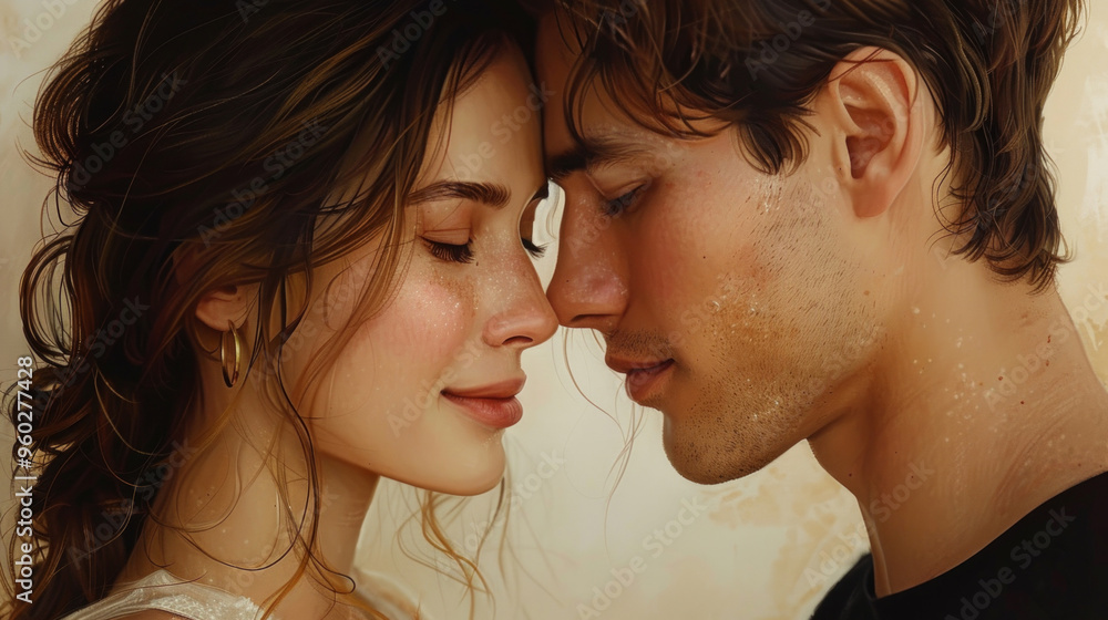 Digital painting of a young couple touching foreheads with eyes closed. Woman has wavy hair and freckles, man has wet brown hair. Plain white background. Digital painting of a young couple touching foreheads with eyes closed. Woman has wavy hair and freckles, man has wet brown hair. Plain white background.