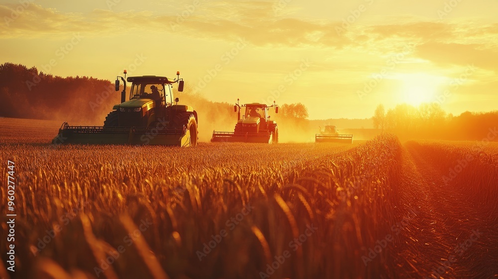 Tractors working in a golden field during sunset, highlighting agricultural productivity and the beauty of rural landscapes. Tractors working in a golden field during sunset, highlighting agricultural productivity and the beauty of rural landscapes.
