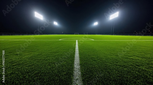 Nighttime view of stadium field lit up under bright floodlights, stadium landscape field night, nighttime energy, no blur, photo not dark, everything is clear, copy space