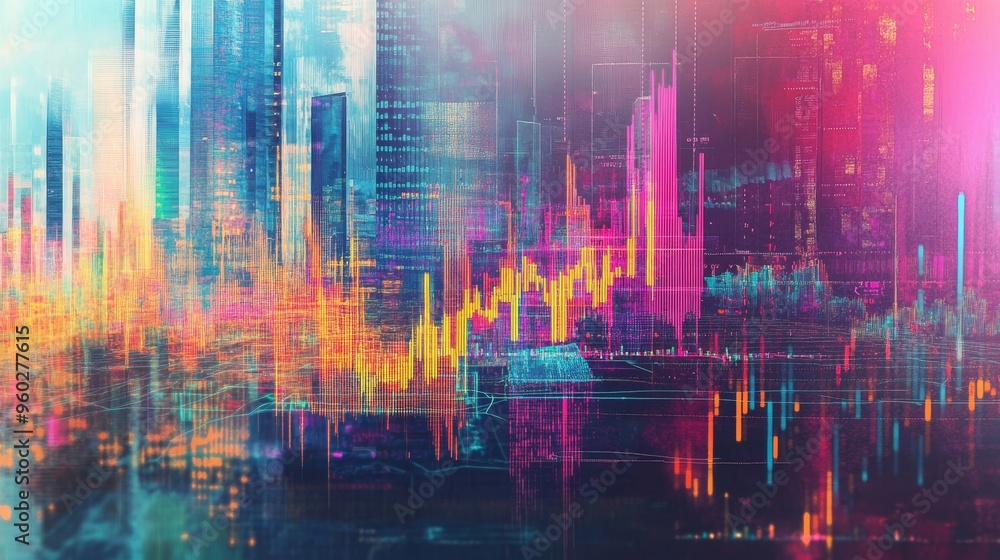 Obraz premium Vibrant digital abstract showcasing dynamic financial data visuals with colorful graphs and city skyline elements.